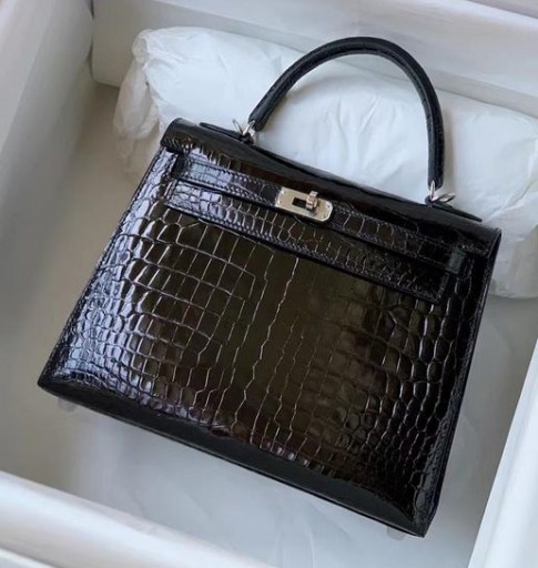 Kelly Alligator Shiny Black Silver Hardware 25cm Full Handmade