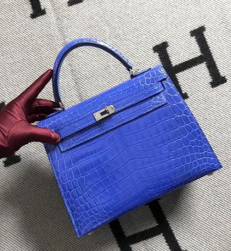 Kelly Alligator Shiny Bright blue Silver Hardware 25cm Full Handmade