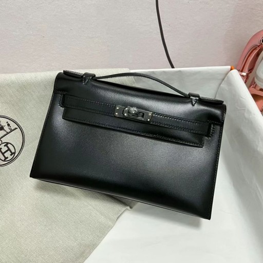 Mini Kelly Pochette Ck89 Black Box black buckle 22cm Full Handmade