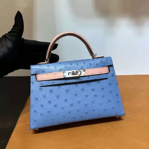Mini Kelly Ostrich 7Q Blue & Cc94 Light Pink Silver Hardware 19cm Full Handmade Phw