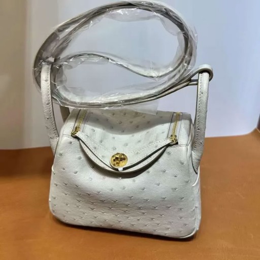 Mini Lindy Ostrich Ck80 Pearl Grey Gold Hardware 19cm Full Handmade Ghw