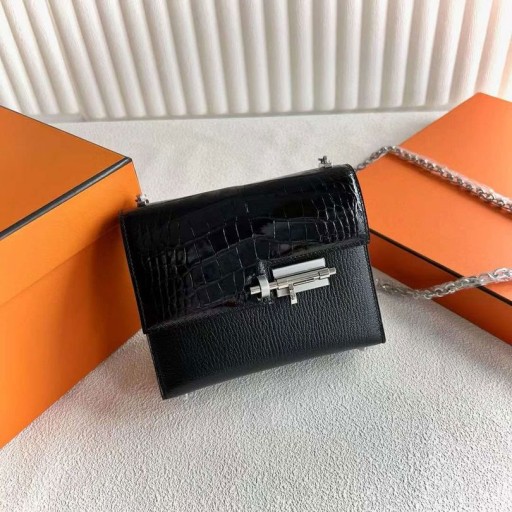 Verrou Touch Chevre & Shiny Alligator Crocodile Ck89 Black Silver Hardware 17.5cm Full Handmade Phw