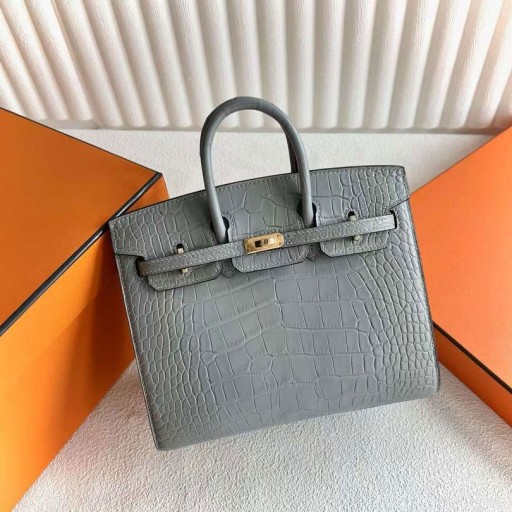 Birkin Sellier Matte Alligator crocodile V0 Crystal grey Gold Hardware 20cm Full Handmade Ghw