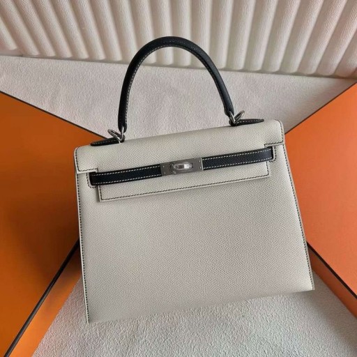 Kelly Epsom Ck10 Cream White & Black Silver Hardware 25cm Full Handmade Phw