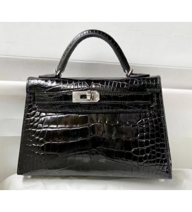 Mini Kelly Alligator Shiny Black Silver Hardware 19cm Full Handmade