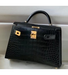 Mini Kelly Alligator Matte Black Gold Hardware 19cm Full Handmade