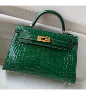 Mini Kelly Alligator Shiny cactus green Gold Hardware 19cm Full Handmade