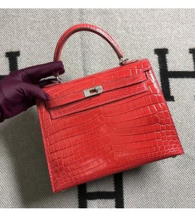 Kelly Alligator Shiny Ferrari red Silver Hardware 25cm Full Handmade