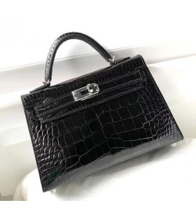 Mini Kelly Alligator Shiny Black Silver Hardware 19cm Full Handmade