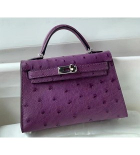 Mini Kelly Ostrich?Mini Kelly Ostrich?Purple Silver Hardware 19cm Full Handmade