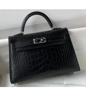 Mini Kelly Alligator Matte Black Silver Hardware 19cm Full Handmade