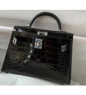 Mini Kelly Alligator Shiny Black 02 Silver Hardware 19cm Full Handmade