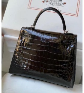 Kelly Alligator Shiny Black Silver Hardware 25cm Full Handmade
