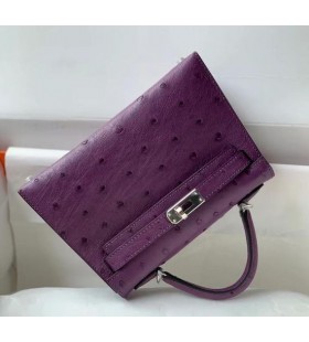 Mini Kelly Ostrich?Mini Kelly Ostrich?Purple Silver Hardware 19cm Full Handmade
