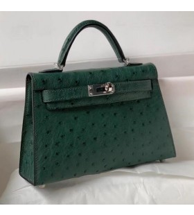 Mini Kelly Ostrich?Dark green Silver Hardware 19cm Full Handmade