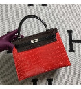 Kelly Alligator Shiny Bright red & Black Silver Hardware 25cm Full Handmade
