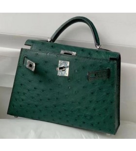 Mini Kelly Ostrich?Dark green Silver Hardware 19cm Full Handmade