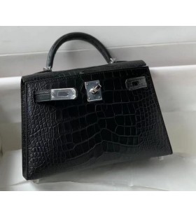 Mini Kelly Alligator Matte Black Silver Hardware 19cm Full Handmade
