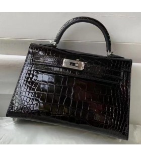 Mini Kelly Alligator Shiny Black 02 Silver Hardware 19cm Full Handmade