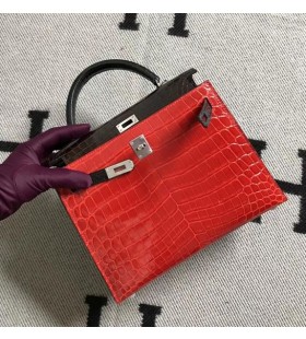 Kelly Alligator Shiny Bright red & Black Silver Hardware 25cm Full Handmade