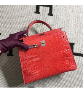 Kelly Alligator Shiny Ferrari red Silver Hardware 25cm Full Handmade