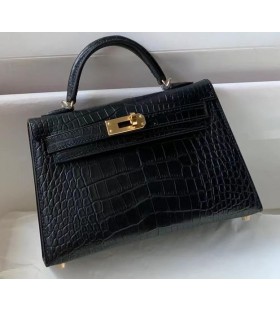 Mini Kelly Alligator Matte Black Gold Hardware 19cm Full Handmade