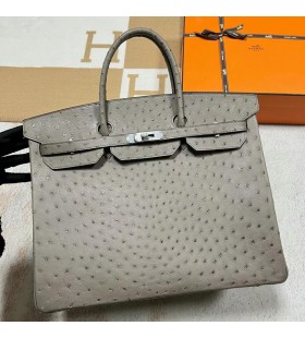 Birkin Ostrich M8 gris ashpite Silver Hardware Phw 40cm Full Handmade
