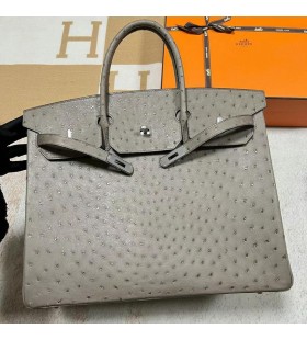 Birkin Ostrich M8 gris ashpite Silver Hardware Phw 40cm Full Handmade