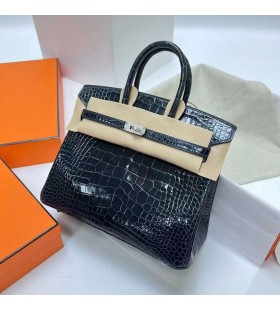 Birkin shiny alligator crocodile ck76 Deep Blue Silver Hardware Phw 25cm Full Handmade