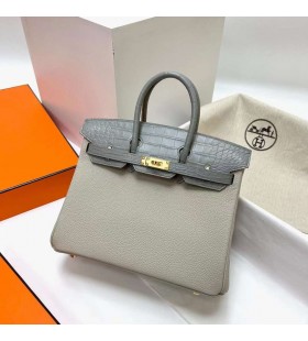 Birkin Touch Togo & Matte crocodile Ck80 Pearl grey Gold Hardware Ghw 25cm Full Handmade
