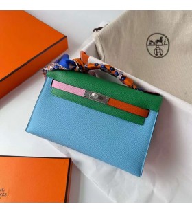 Mini Kelly Pochette Epsom Hss P3 Candy Blue & U4 Velvet green & X9 mallow purple & 9J Orange & E5 Candy Pink & A5 cuckoo red & T0 Light Blue Silver Hardware 22cm Full Handmade