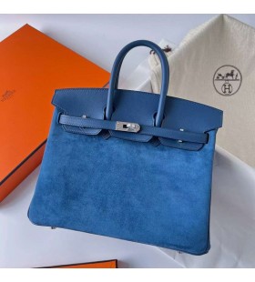 Birkin Grizzly chamois & Swift O8 Deep Blue Silver Hardware Phw 25cm Full Handmade