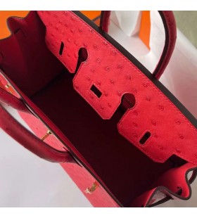 Birkin Ostrich Ck95 Ferrari red Gold Hardware Ghw 25cm Full Handmade