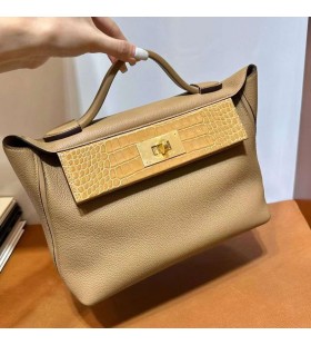 Kelly 2424 Touch Togo & Shiny Alligator Tea Khaki Gold Hardware 21cm Full Handmade Ghw