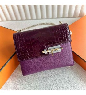 Verrou Touch Chevre & Shiny Alligator Crocodile N5 Gallon purple Silver Hardware 17.5cm Full Handmade Phw