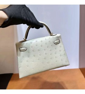 Mini Kelly Ostrich 3C Wool white Gold Hardware 19cm Full Handmade Ghw
