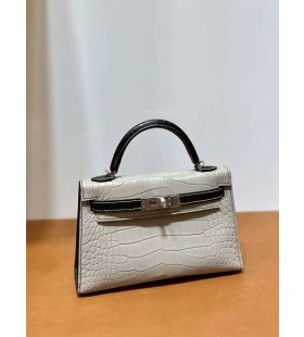 Mini Kelly Matt alligator crocodile Ck80 Pearl grey & CK89 Black Silver Hardware 19cm Full Handmade Phw