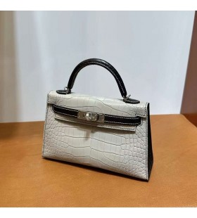 Mini Kelly Matt alligator crocodile Ck80 Pearl grey & CK89 Black Silver Hardware 19cm Full Handmade Phw