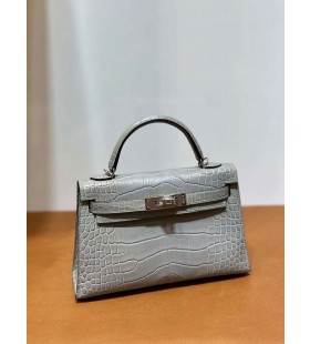 Mini Kelly Matte alligator crocodile Medium grey Silver Hardware 19cm Full Handmade Phw