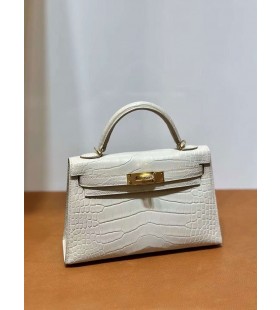Mini Kelly Matte alligator crocodile 8L Ice White Gold Hardware 19cm Full Handmade Ghw