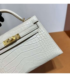 Mini Kelly Matte alligator crocodile 8L Ice White Gold Hardware 19cm Full Handmade Ghw