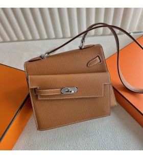 Kelly Desordre Epsom Ck37 Golden Brown Silver Hardware 20cm Full Handmade Phw