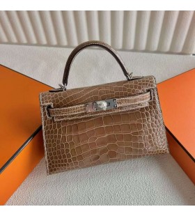 Mini Kelly Shiny Alligator Crocodile Ck17 Tobacco brown Silver Hardware 19cm Full Handmade Phw