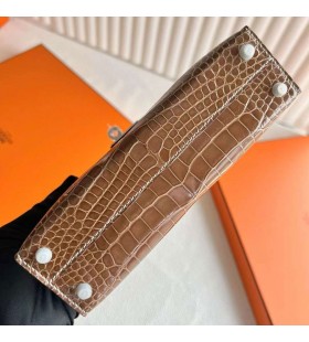 Mini Kelly Shiny Alligator Crocodile Ck17 Tobacco brown Silver Hardware 19cm Full Handmade Phw