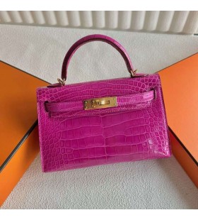 Mini Kelly Shiny Alligator Crocodile J5 Deep Rose Pink Gold Hardware 19cm Full Handmade Ghw