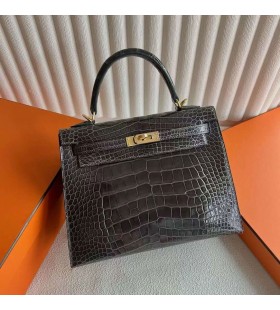Kelly shiny Alligator Crocodile Ck88 Graphite Grey Gold Hardware 25cm Full Handmade Ghw