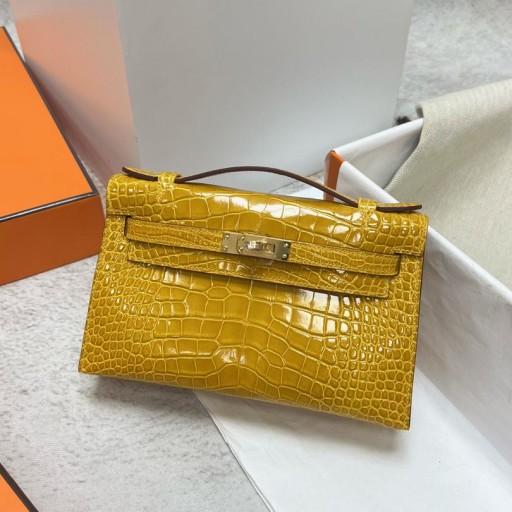 Mini bolsa de Jacaré brilhante 9D Âmbar amarelo Ouro Hardware Ghw 22cm Completo feito a mão