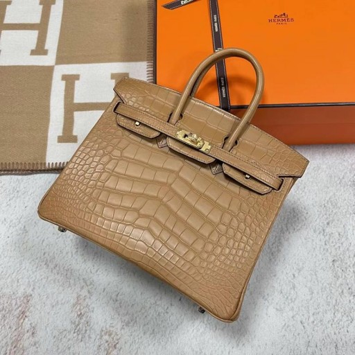 Birkin matte jacaré, crocodilo, 0M de Chá de Ouro de cor de Hardware Ghw 25cm Completo feito a mão