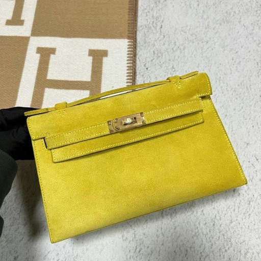 Mini Kelly Bolsa de Camurça 9R Limão Amarelo Ouro Hardware 22cm Completo feito a mão