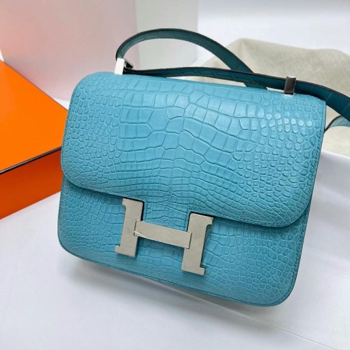 Constança Matte jacaré, crocodilo 3z Doces azul Prata Hardware Phw 24cm Completo feito a mão